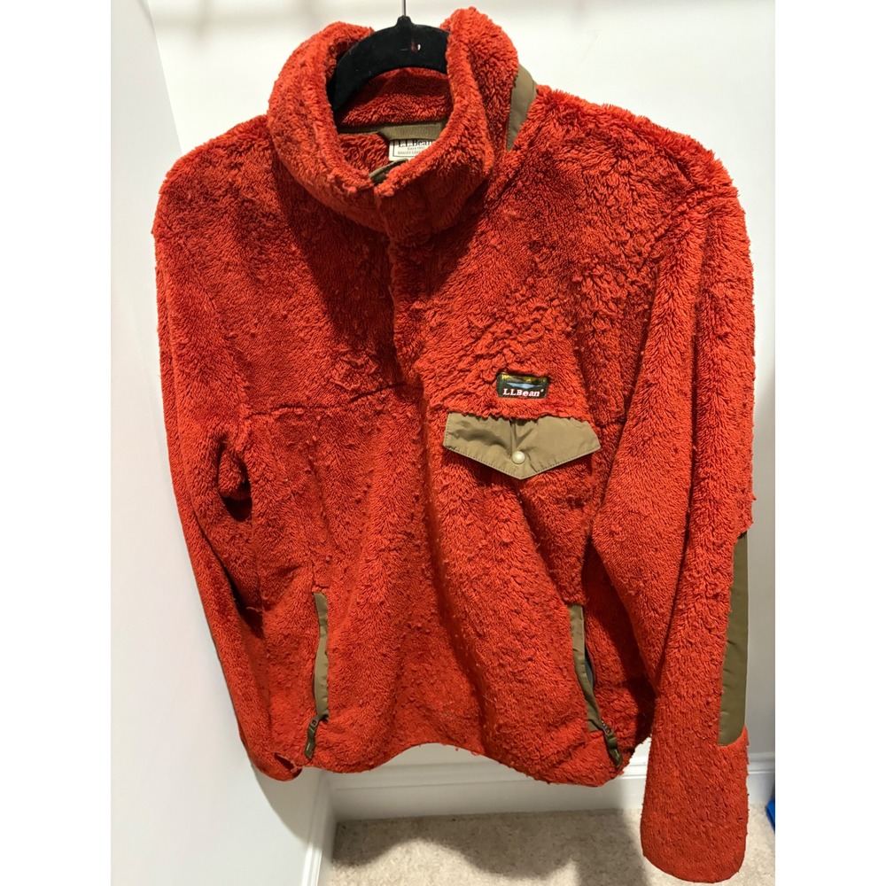 LL Bean Mens Medium‎ Fleece Pullover Snap Neck Sweatshirt Jacket Deep Orange